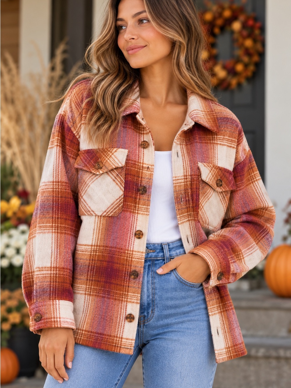 Workshop Republic Clothing Rust and  Berry Cream Plaid Button-Up Shacket XL